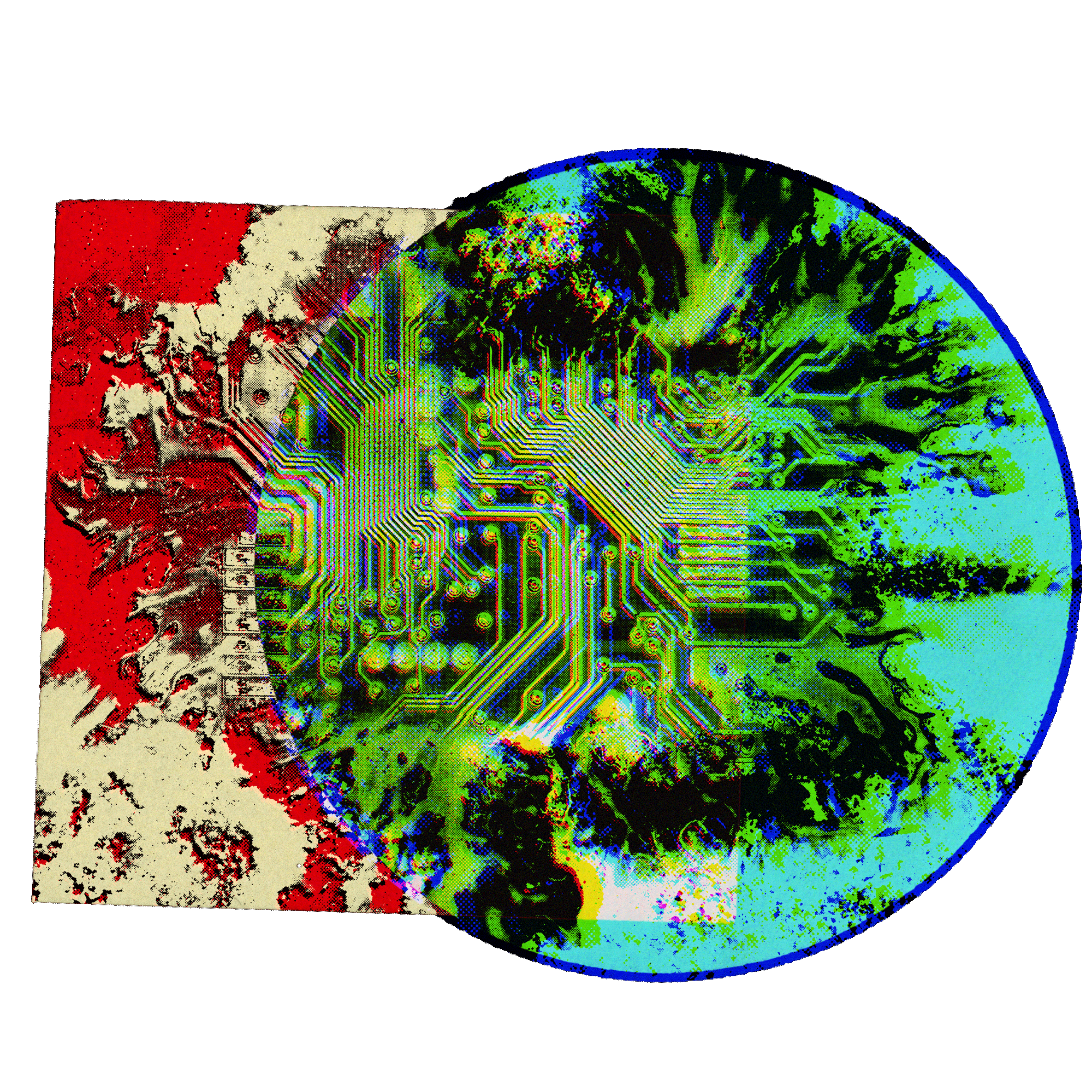 Brightly-coloured shapes depict a circuitboard appearing to spread out into an organic form.